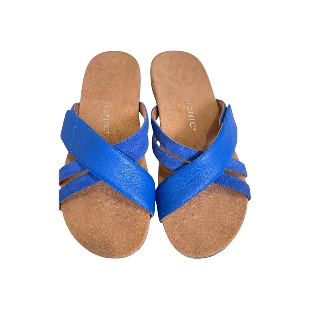 Vionic Blue Leather Strappy Sandals Womens 12 Comfort Summer Beachy Casual Shoes